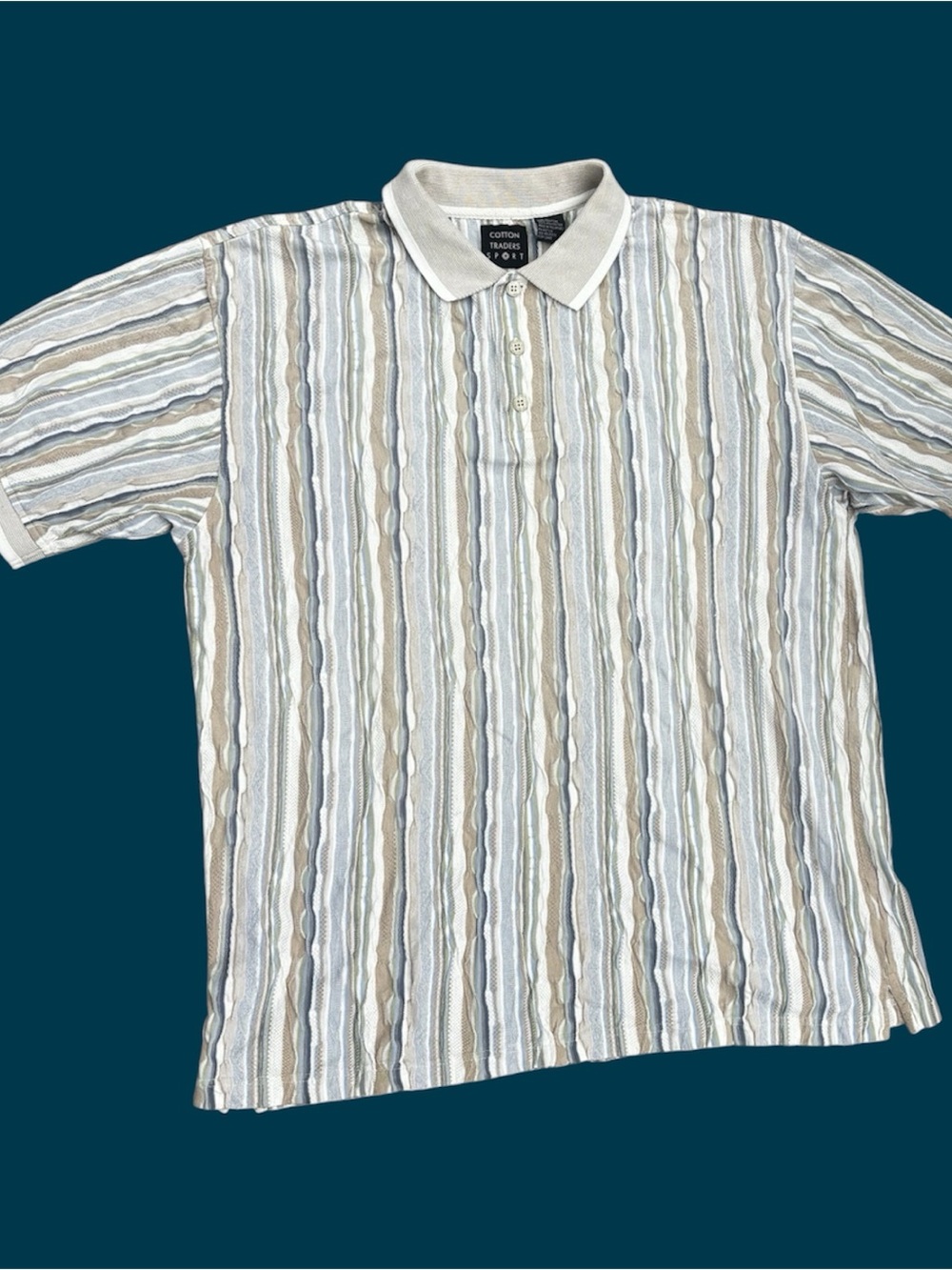 Cotton Traders Men’s Beige & Light Blue Striped Polo